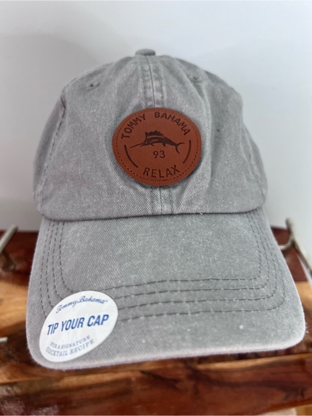 Tommy Bahama Relax ‘93 Gray Leather Patch Adjustable Baseball Cap Hat OS NWOT